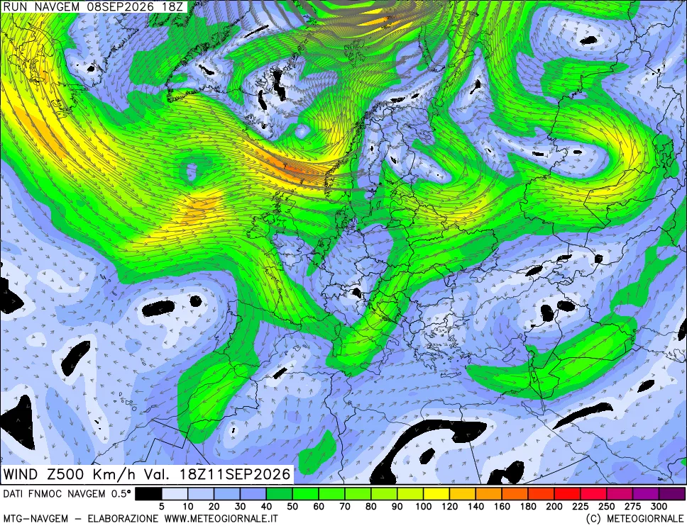 mappa Direzione e forza del vento a 500hPa
