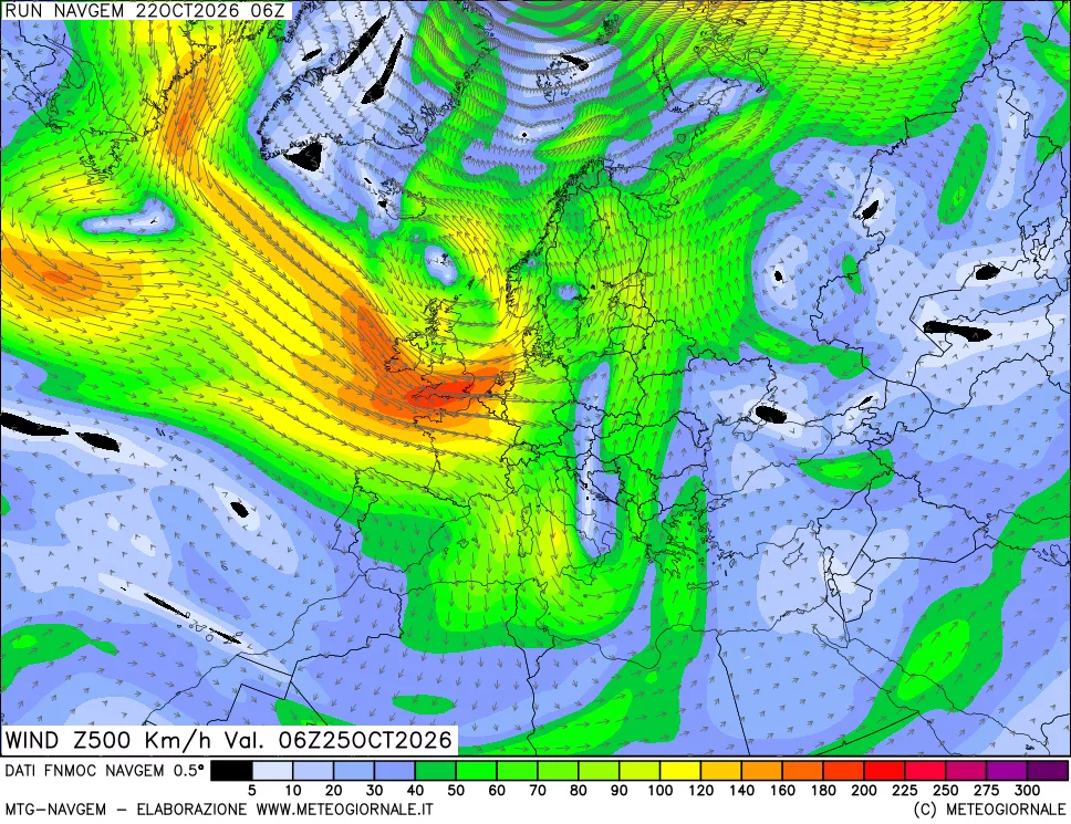 mappa Direzione e forza del vento a 500hPa