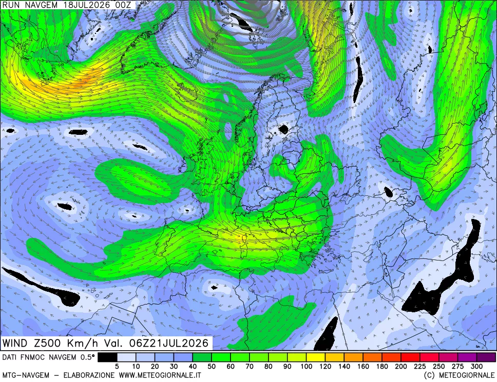 mappa Direzione e forza del vento a 500hPa