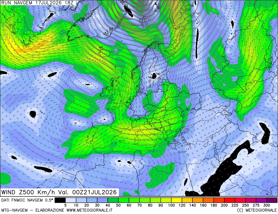 mappa Direzione e forza del vento a 500hPa