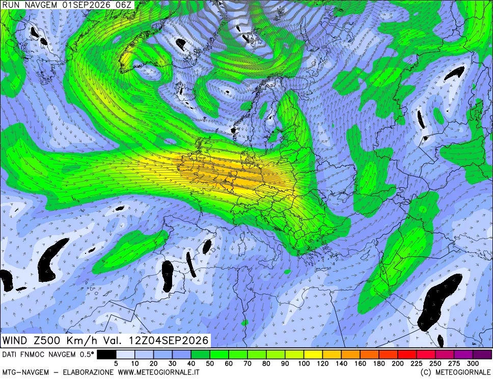 mappa Direzione e forza del vento a 500hPa