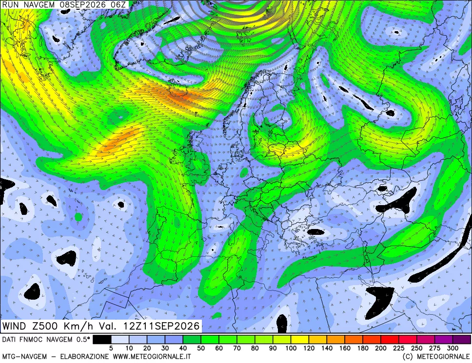 mappa Direzione e forza del vento a 500hPa