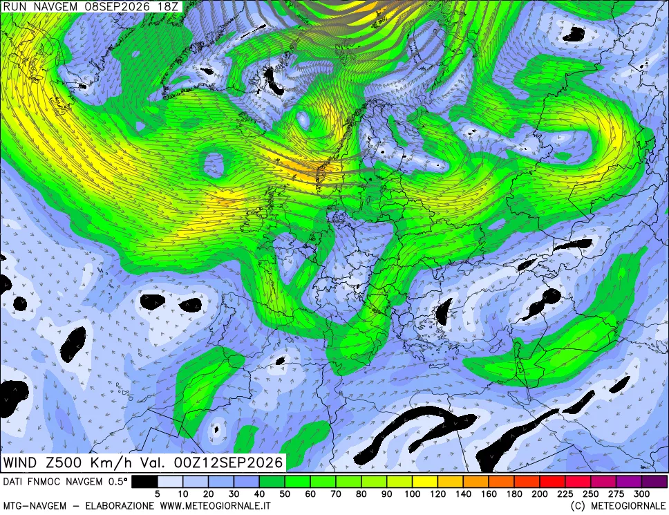 mappa Direzione e forza del vento a 500hPa