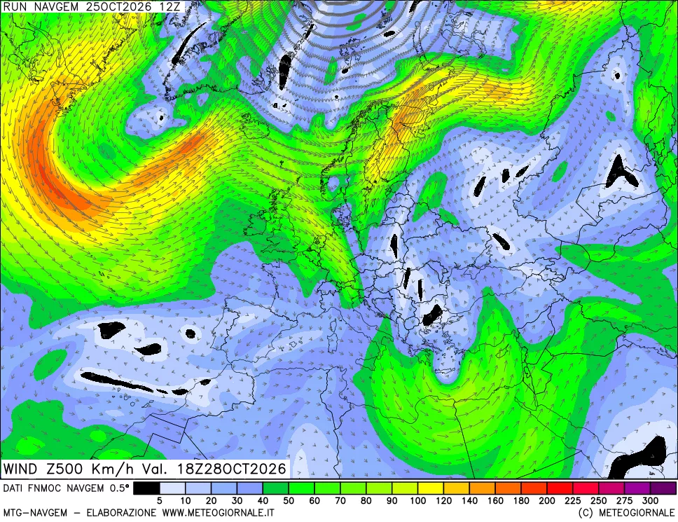 mappa Direzione e forza del vento a 500hPa