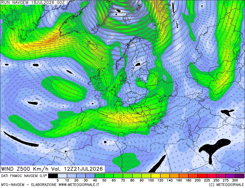 mappa Direzione e forza del vento a 500hPa