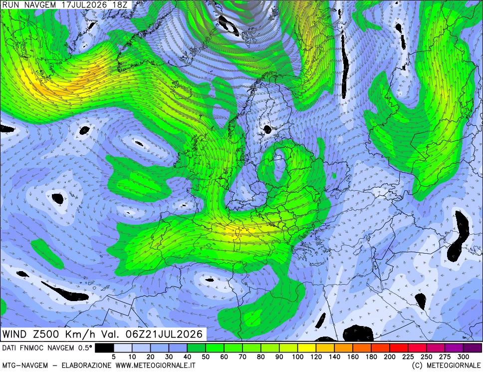 mappa Direzione e forza del vento a 500hPa