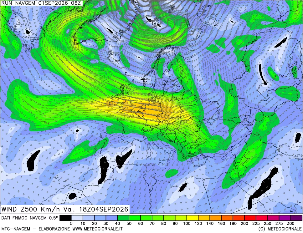 mappa Direzione e forza del vento a 500hPa