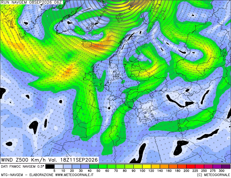 mappa Direzione e forza del vento a 500hPa
