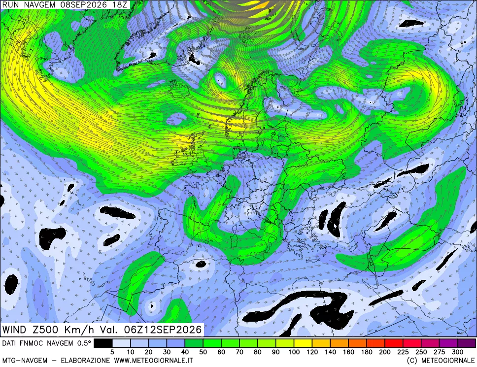 mappa Direzione e forza del vento a 500hPa