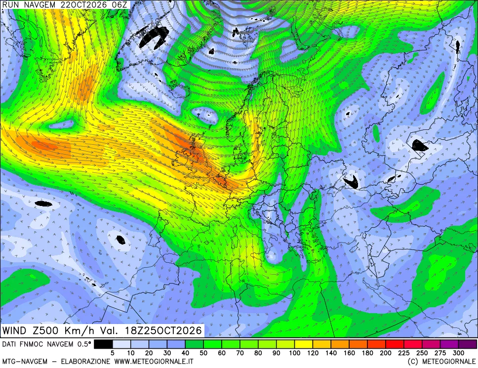 mappa Direzione e forza del vento a 500hPa