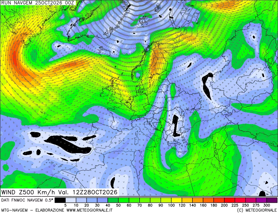 mappa Direzione e forza del vento a 500hPa