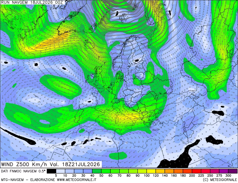 mappa Direzione e forza del vento a 500hPa