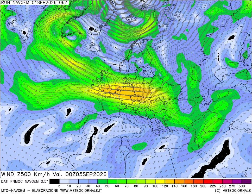 mappa Direzione e forza del vento a 500hPa