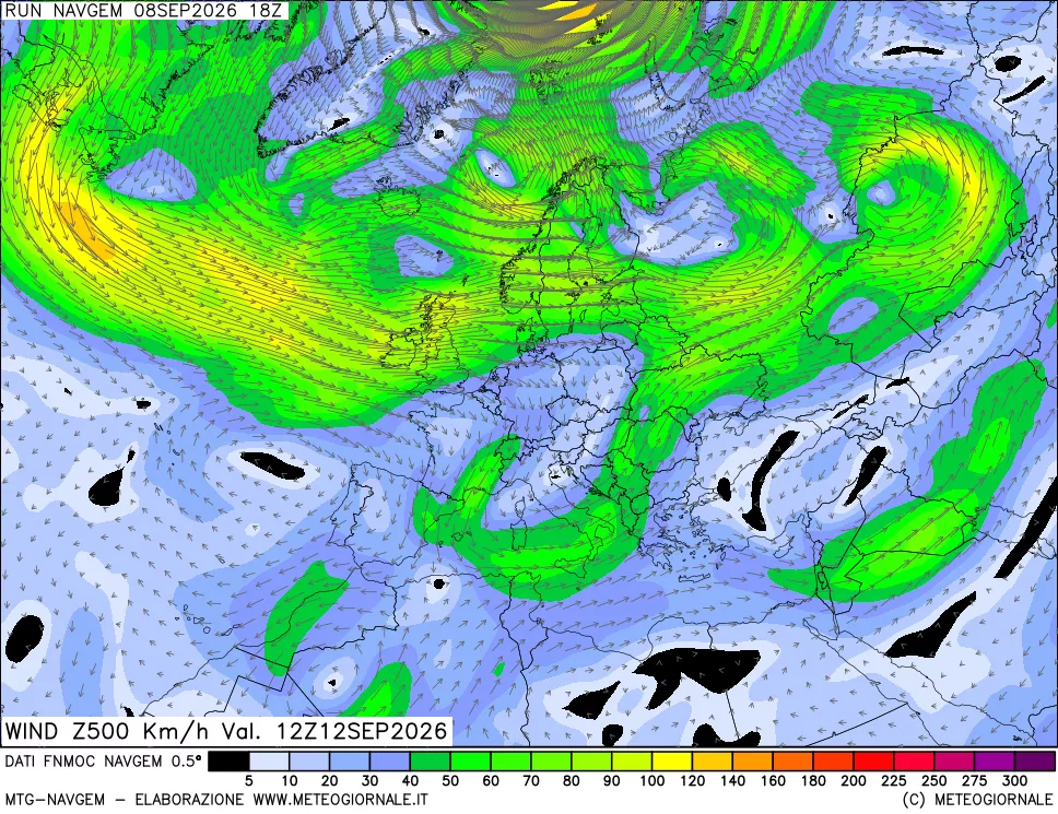 mappa Direzione e forza del vento a 500hPa