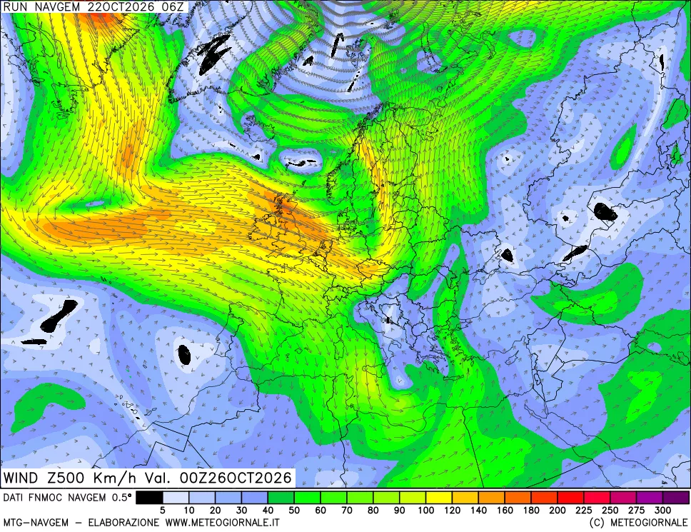 mappa Direzione e forza del vento a 500hPa