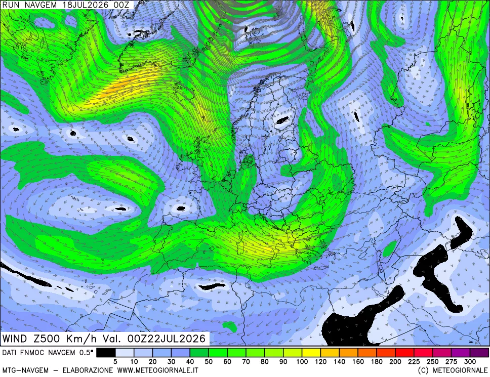 mappa Direzione e forza del vento a 500hPa