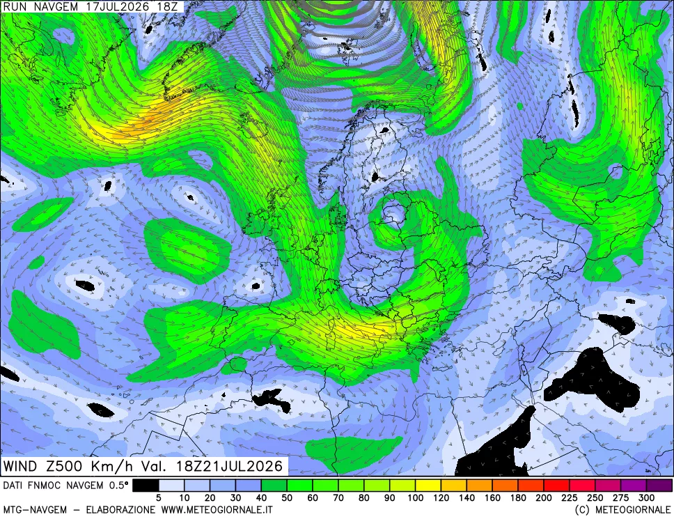 mappa Direzione e forza del vento a 500hPa