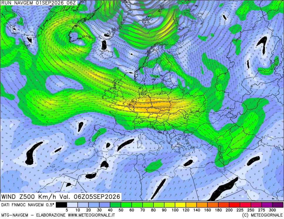 mappa Direzione e forza del vento a 500hPa
