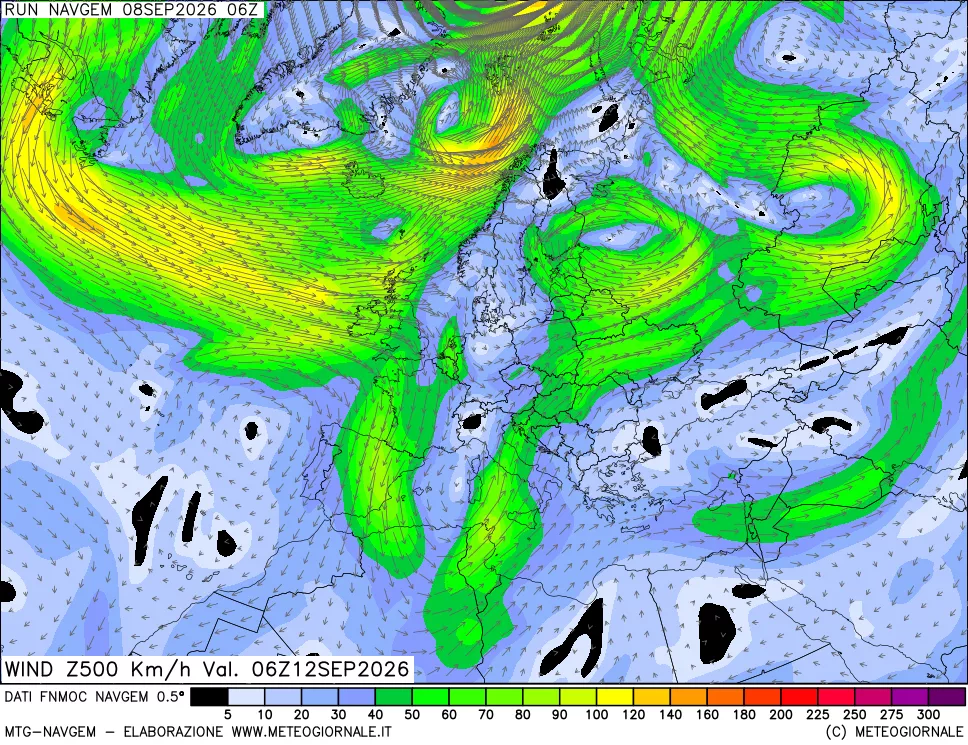 mappa Direzione e forza del vento a 500hPa