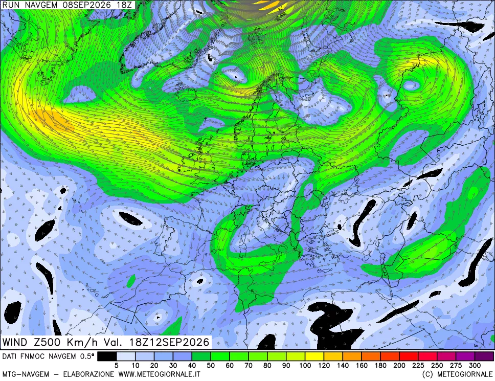 mappa Direzione e forza del vento a 500hPa
