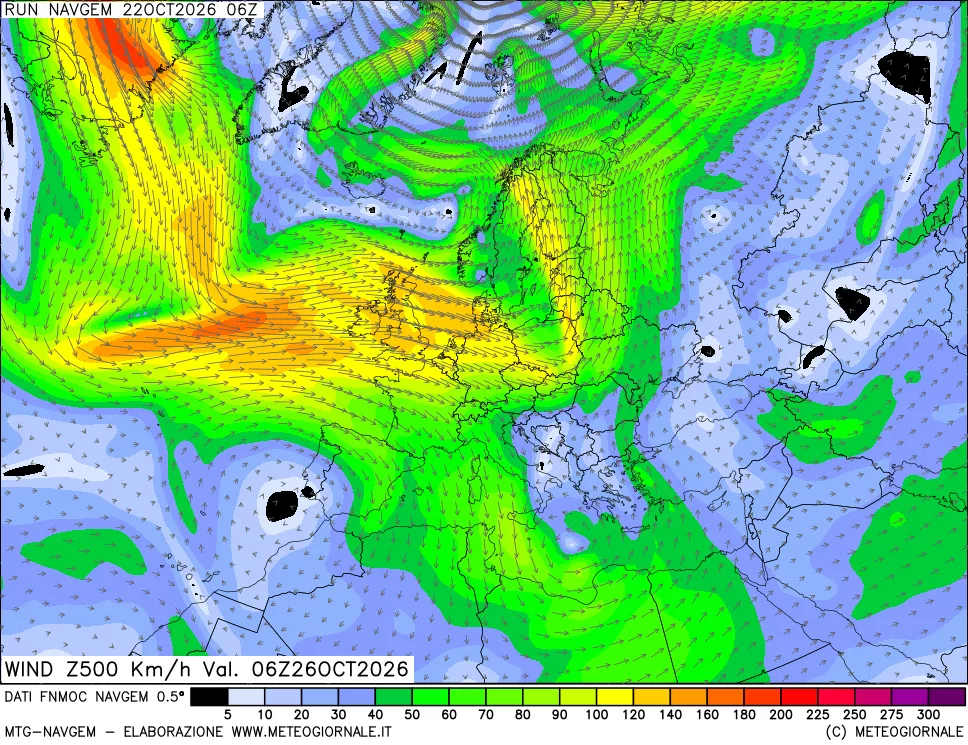 mappa Direzione e forza del vento a 500hPa