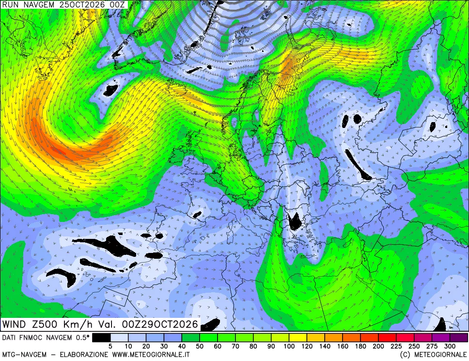 mappa Direzione e forza del vento a 500hPa