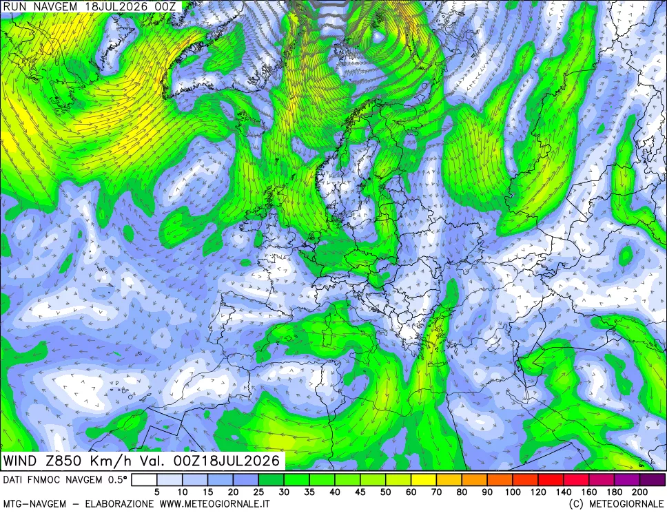 mappa Direzione e forza del vento a 850hPa