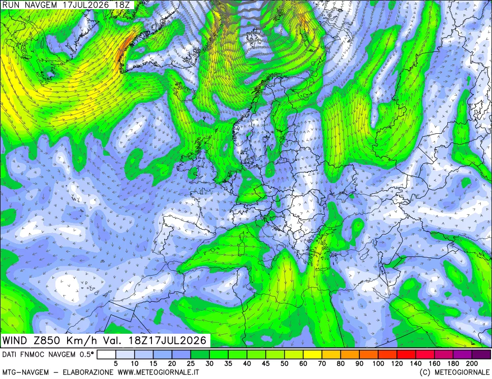 mappa Direzione e forza del vento a 850hPa