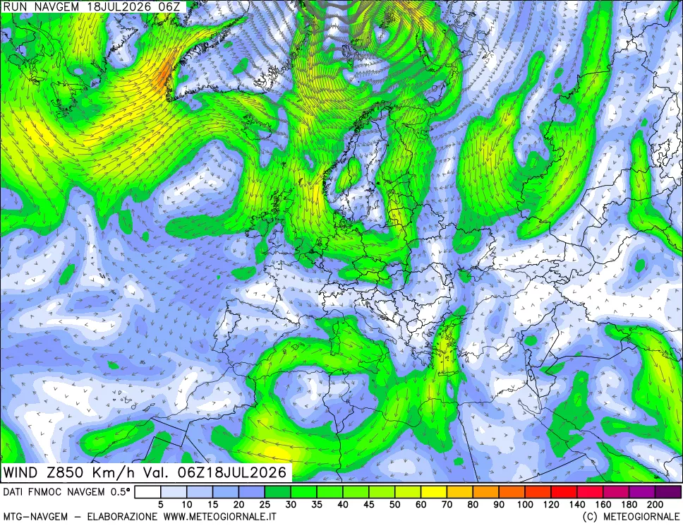mappa Direzione e forza del vento a 850hPa