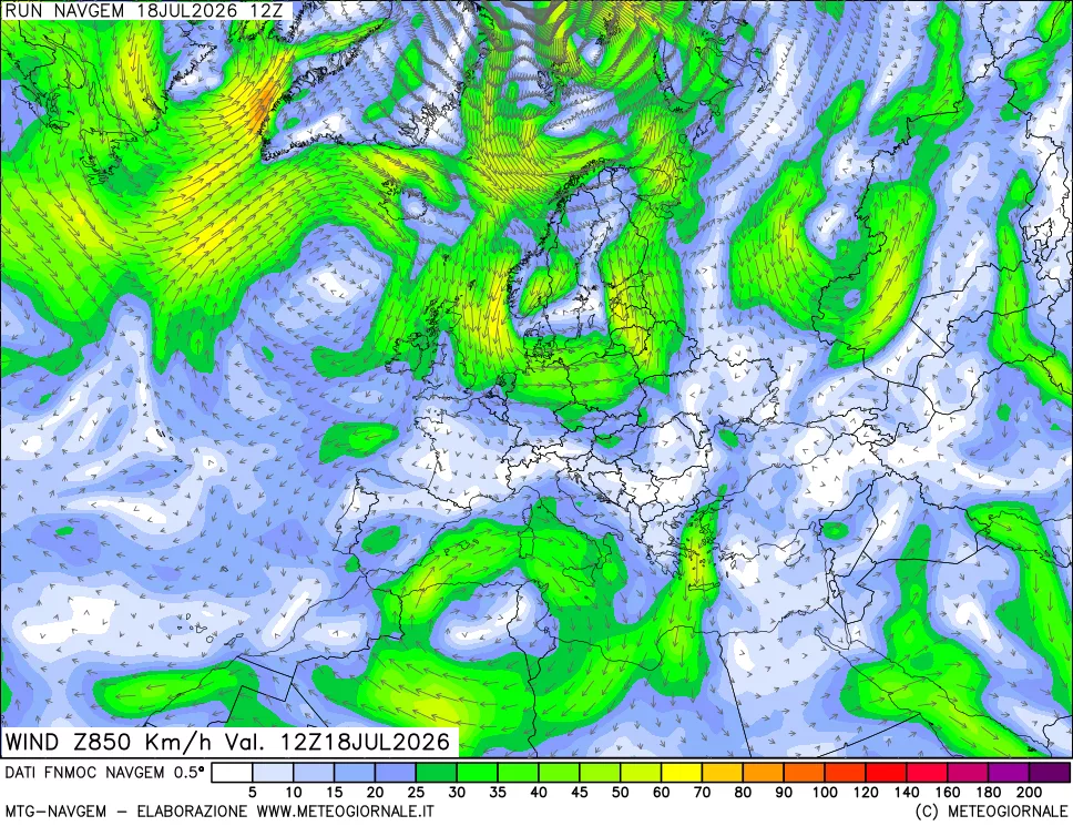 mappa Direzione e forza del vento a 850hPa