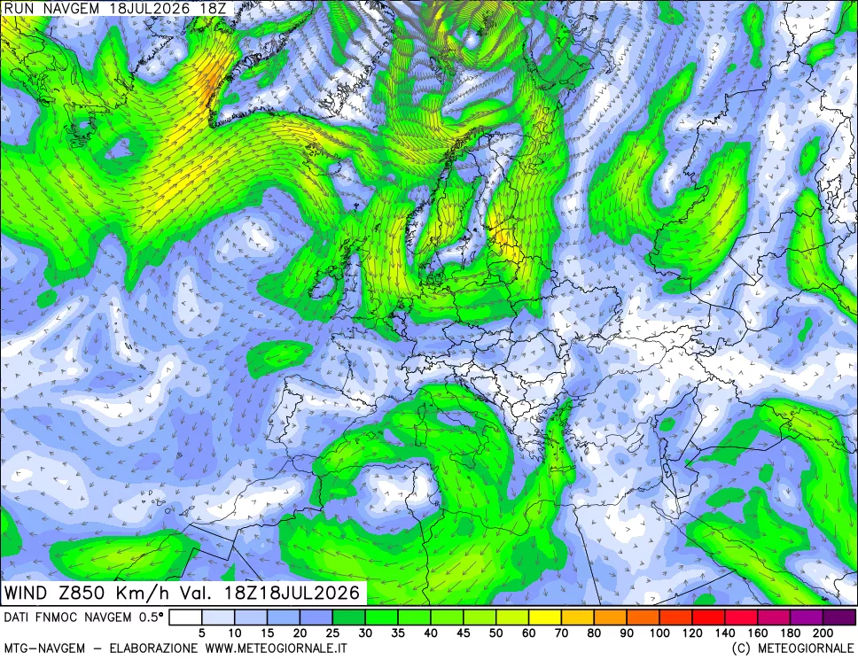 mappa Direzione e forza del vento a 850hPa