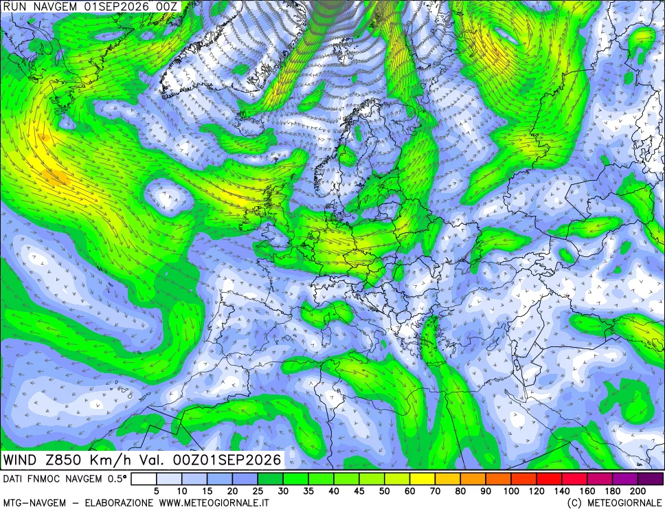 mappa Direzione e forza del vento a 850hPa