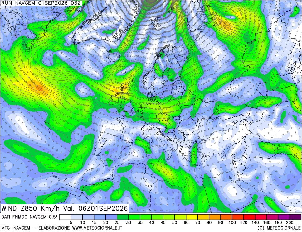 mappa Direzione e forza del vento a 850hPa
