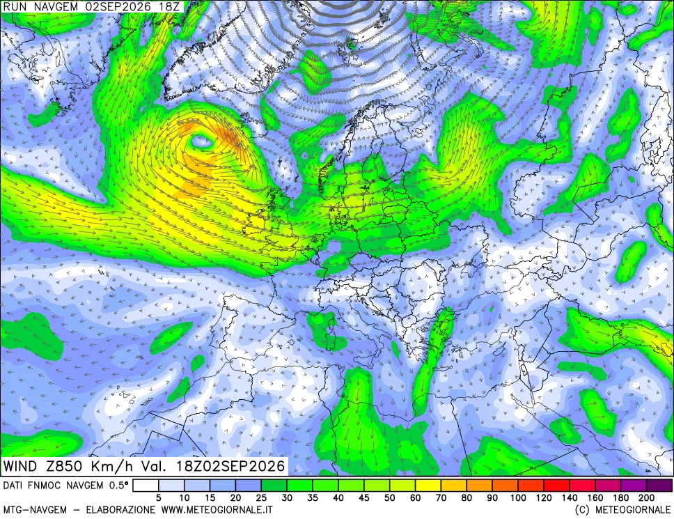 mappa Direzione e forza del vento a 850hPa