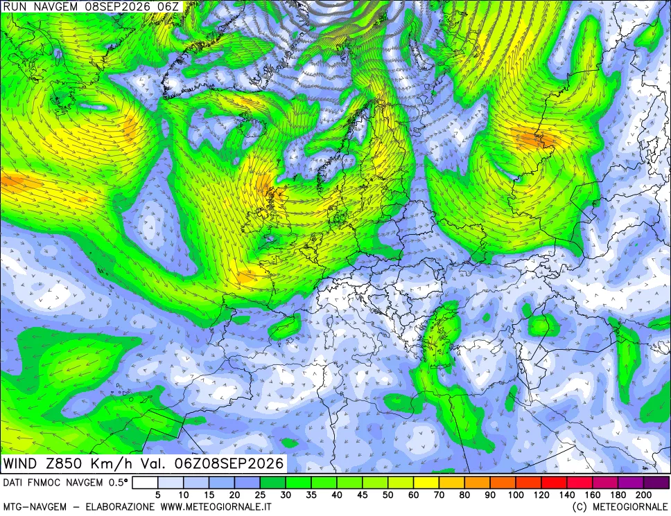 mappa Direzione e forza del vento a 850hPa