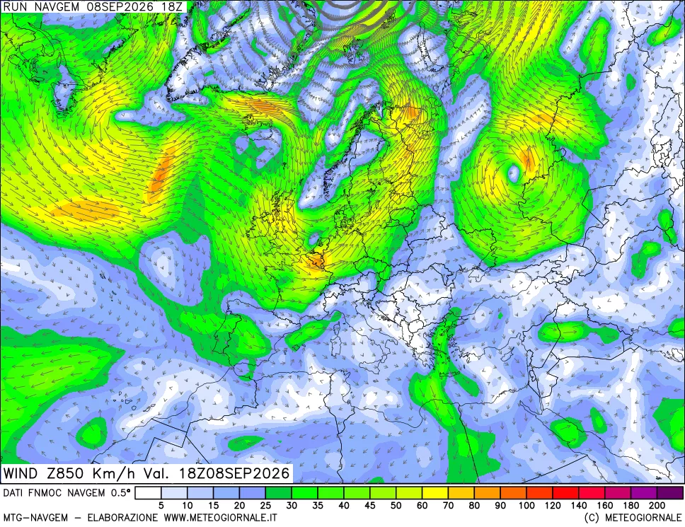 mappa Direzione e forza del vento a 850hPa