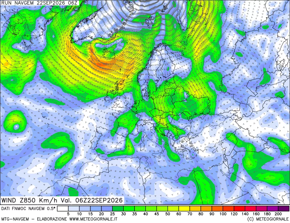 mappa Direzione e forza del vento a 850hPa
