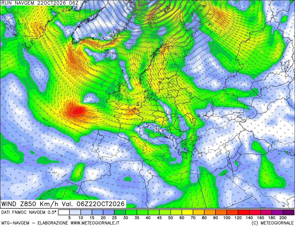 mappa Direzione e forza del vento a 850hPa