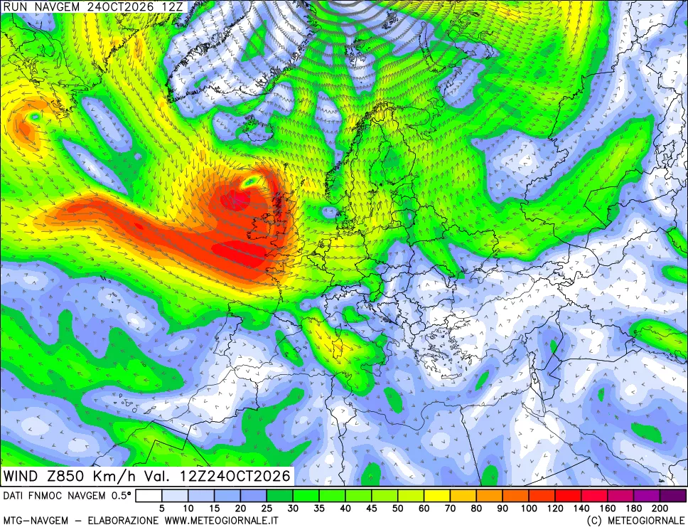 mappa Direzione e forza del vento a 850hPa