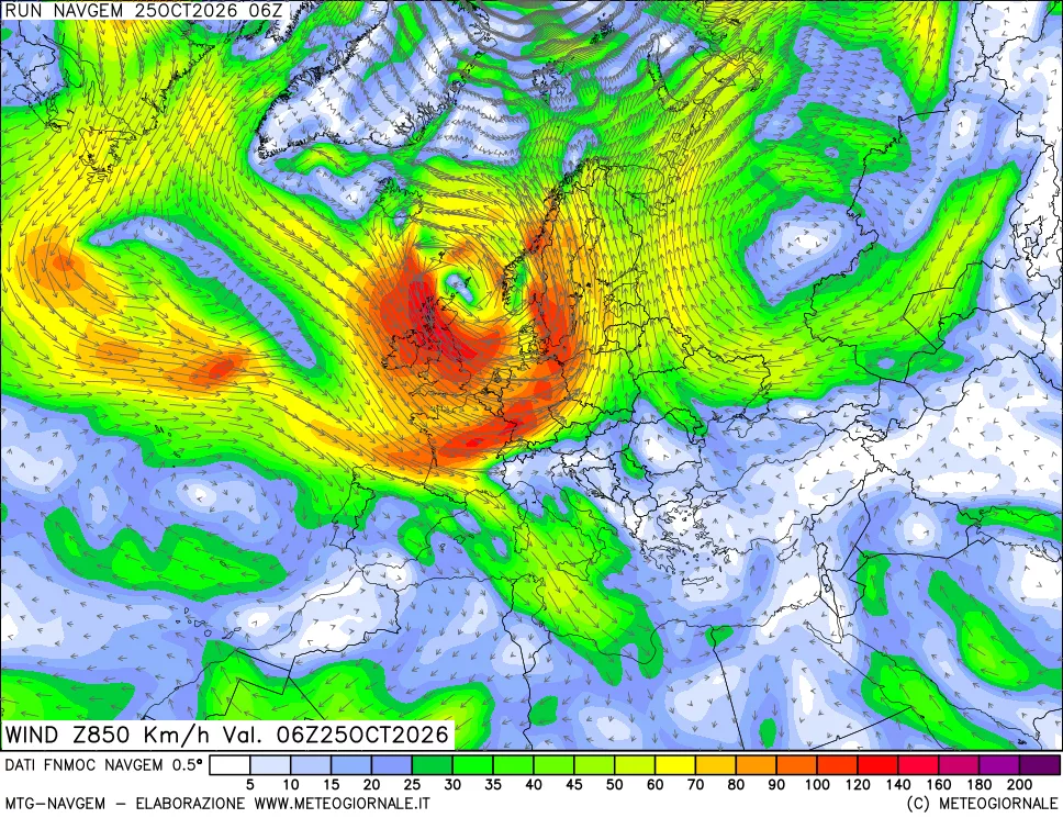 mappa Direzione e forza del vento a 850hPa