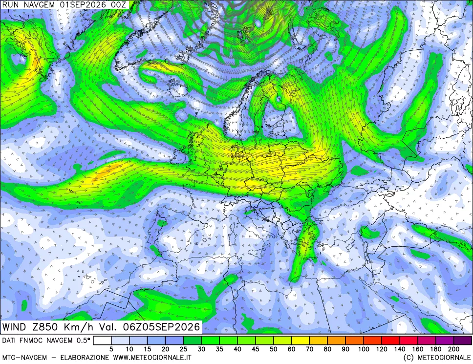 mappa Direzione e forza del vento a 850hPa