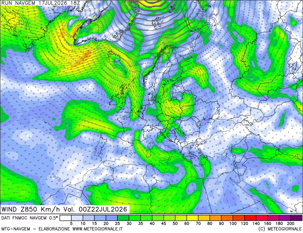 mappa Direzione e forza del vento a 850hPa
