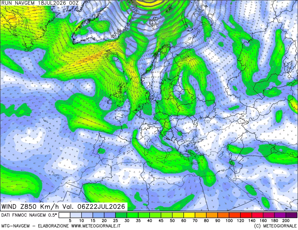 mappa Direzione e forza del vento a 850hPa