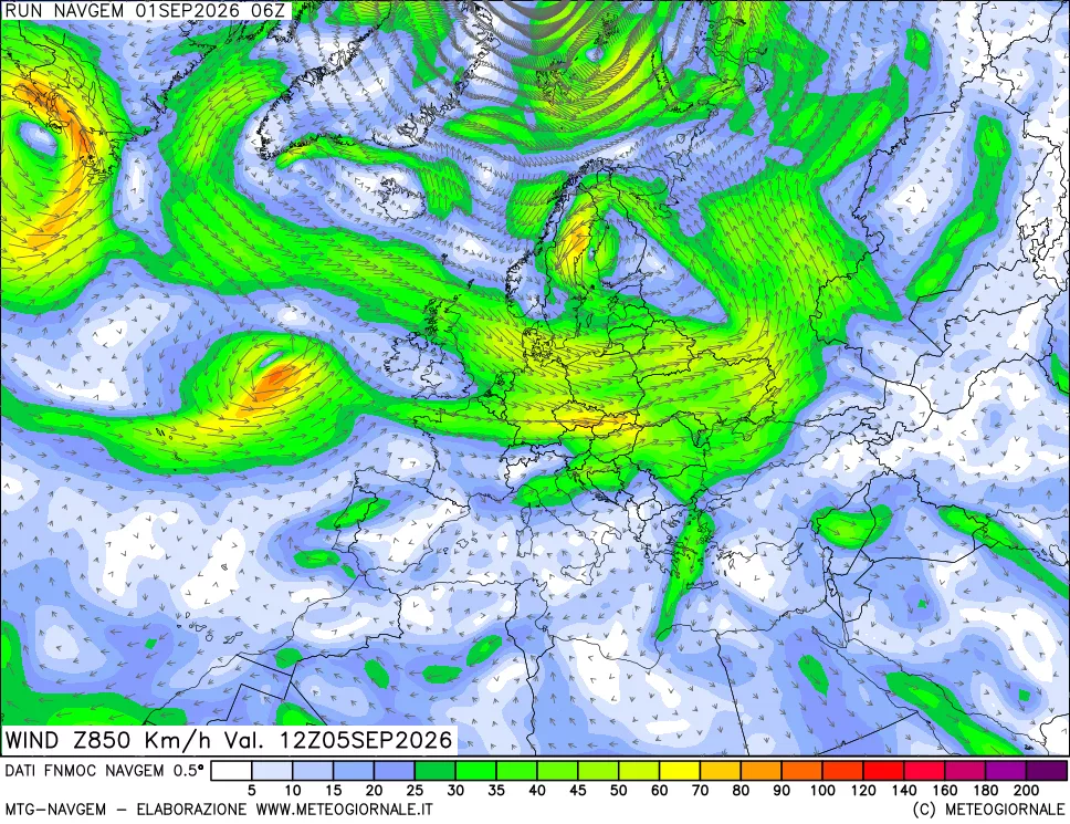 mappa Direzione e forza del vento a 850hPa