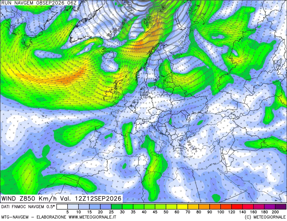 mappa Direzione e forza del vento a 850hPa