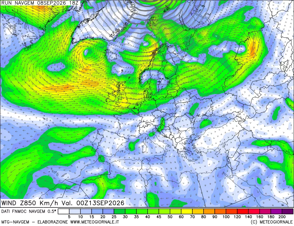 mappa Direzione e forza del vento a 850hPa