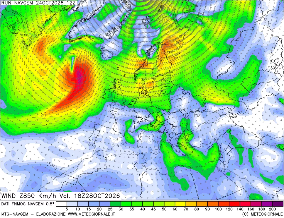 mappa Direzione e forza del vento a 850hPa