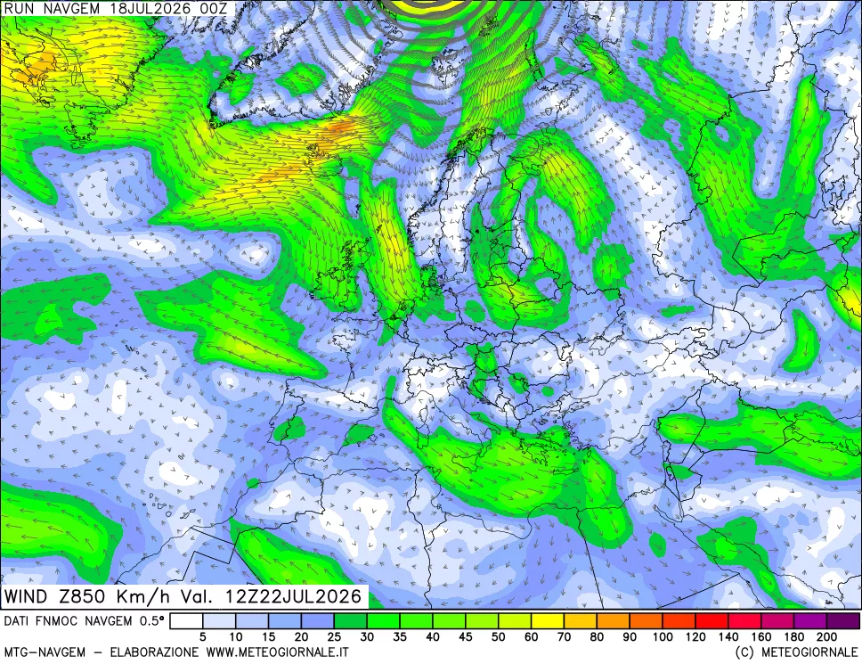 mappa Direzione e forza del vento a 850hPa