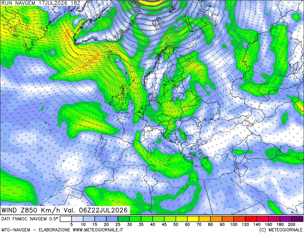 mappa Direzione e forza del vento a 850hPa