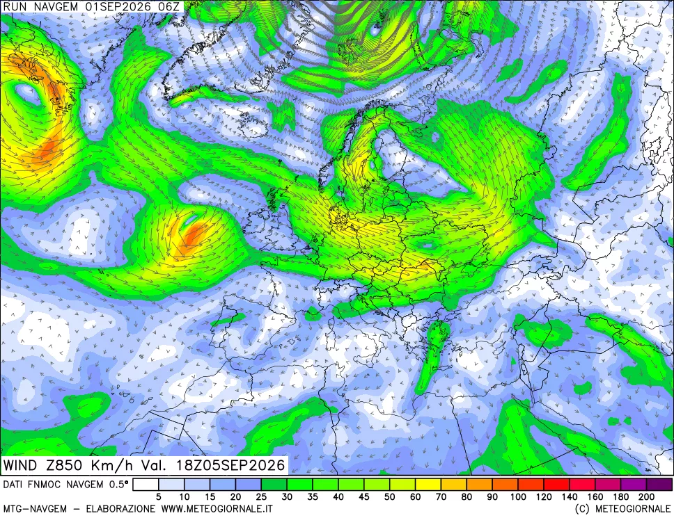 mappa Direzione e forza del vento a 850hPa